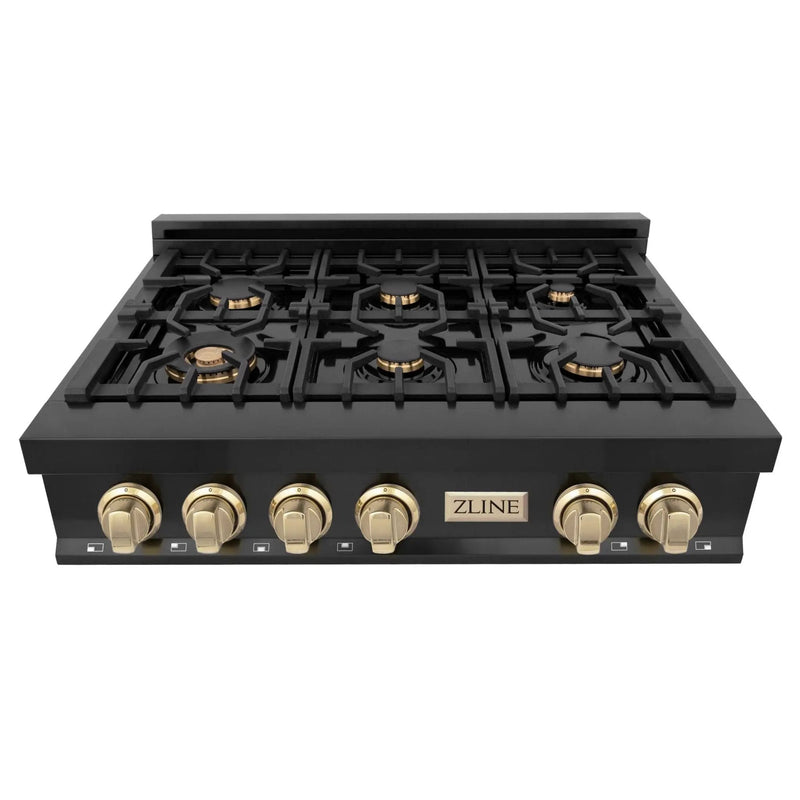 ZLINE 36" Autograph Rangetop, Black Stainless, Gold Accents, RTBZ-36-G by Farmhouse Kitchen and Bath