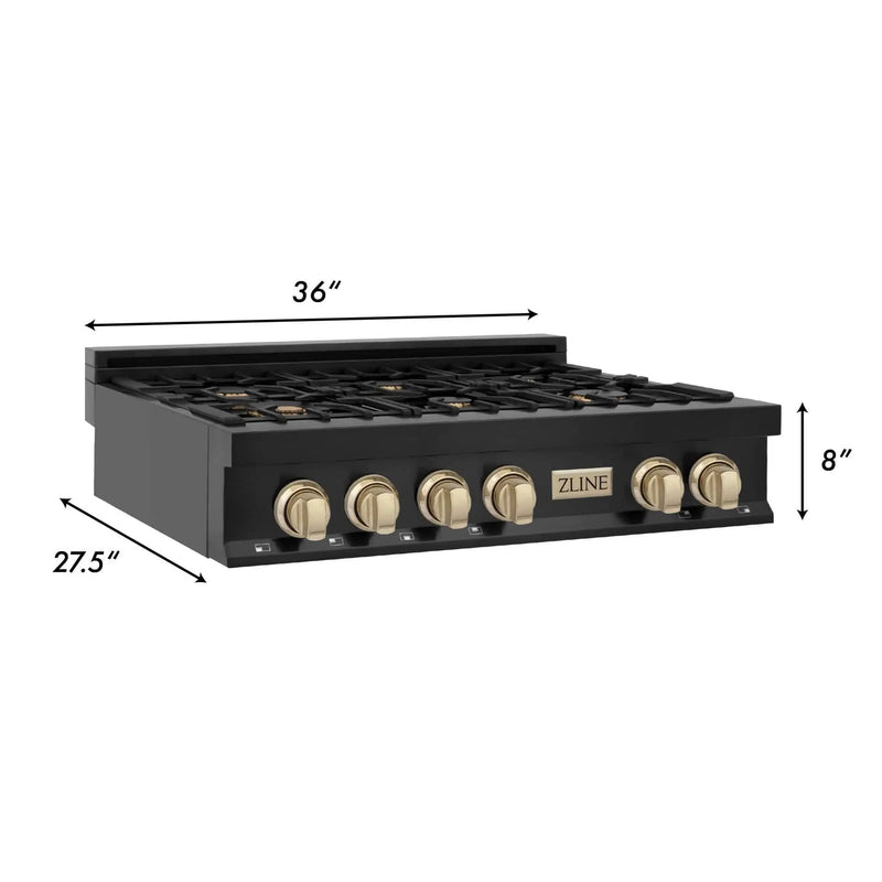 ZLINE 36" Autograph Rangetop, Black Stainless, Gold Accents, RTBZ-36-G by Farmhouse Kitchen and Bath