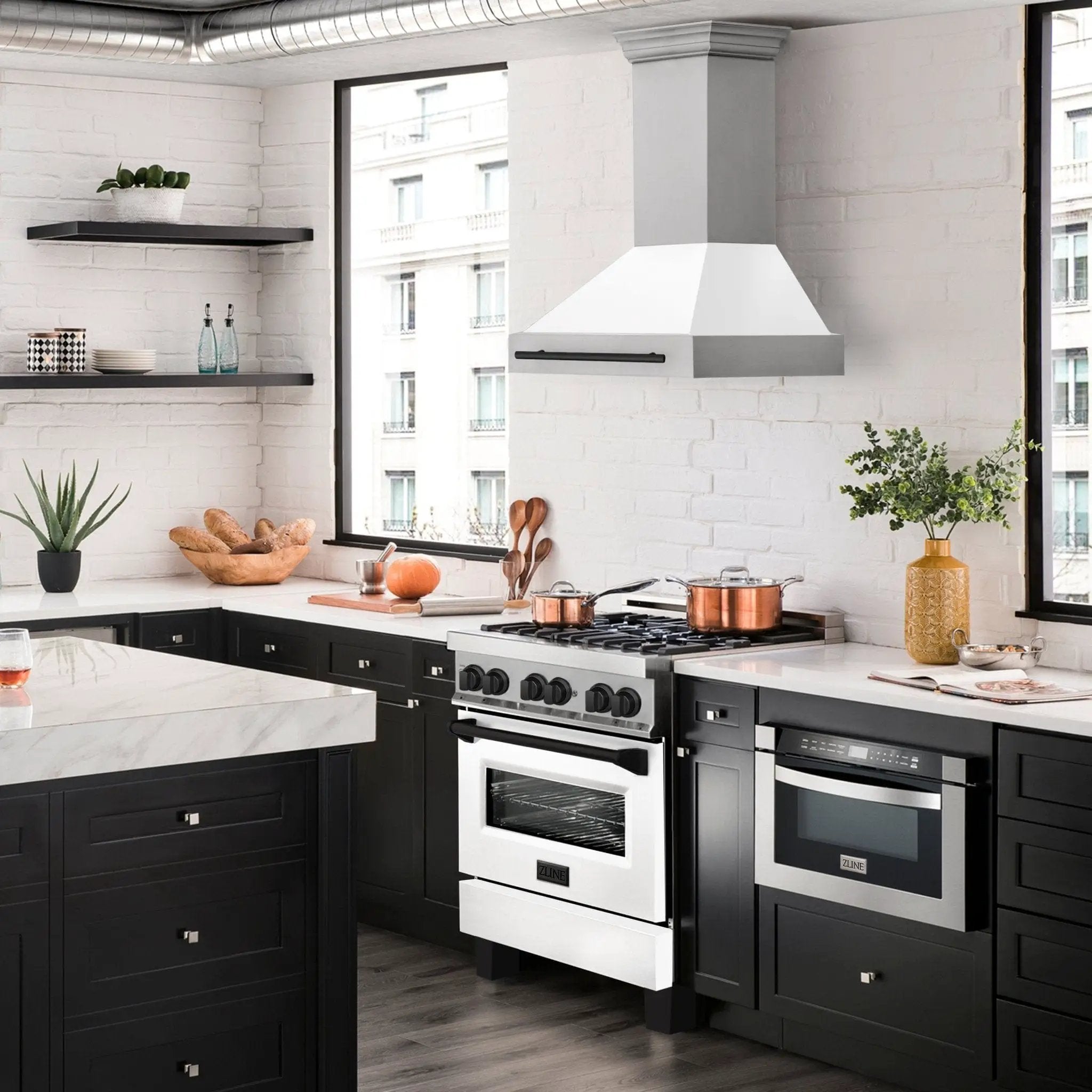 ZLINE 36" Autograph Stainless Wall Range Hood, White, Black accents, 8654STZ-WM36-MB by Farmhouse Kitchen and Bath