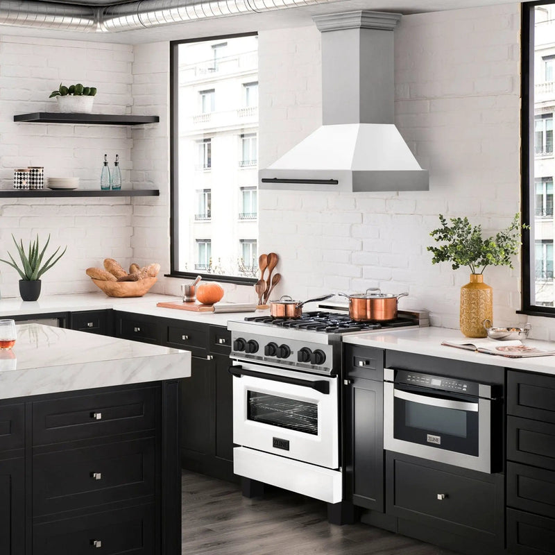 ZLINE 36" Autograph Stainless Wall Range Hood, White, Black accents, 8654STZ-WM36-MB by Farmhouse Kitchen and Bath