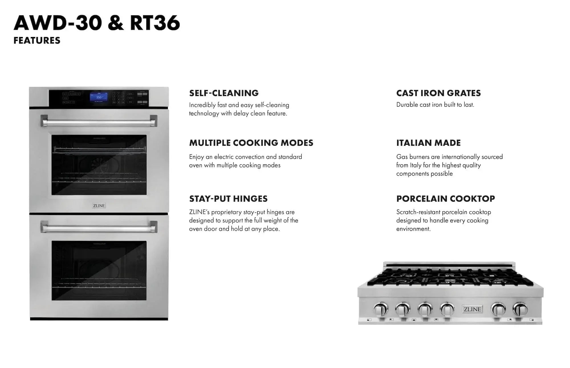 ZLINE 36" Bundle Range Top RT36 & Wall Oven AWD-30, 2KP-RTAWD36 by Farmhouse Kitchen and Bath