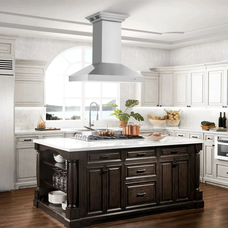 ZLINE CrownSound‚ Ducted Vent Island Mount Range Hood in Stainless Steel, Built-in Bluetooth Speakers, KL3iCRN-BT by Farmhouse Kitchen and Bath