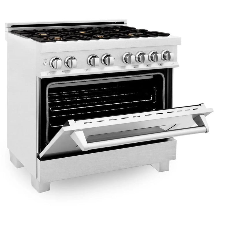 ZLINE 36" Dual Fuel Range, DuraSnow, Stainless, Brass Burners, RAS-SN-BR-36 by Farmhouse Kitchen and Bath