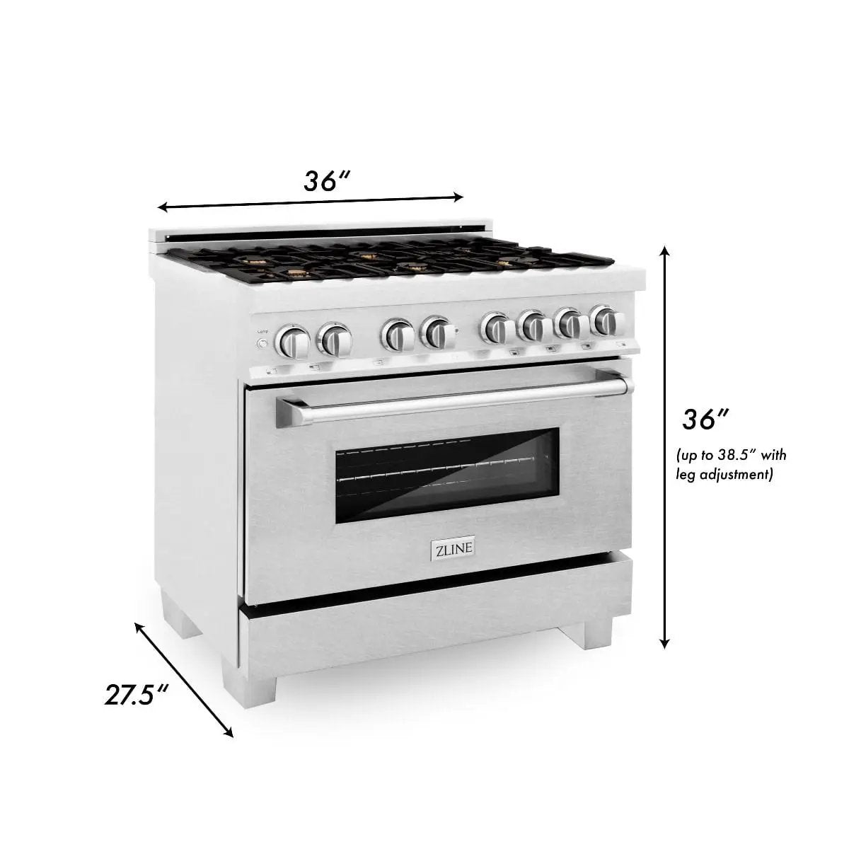 ZLINE 36" Dual Fuel Range, DuraSnow, Stainless, Brass Burners, RAS-SN-BR-36 by Farmhouse Kitchen and Bath