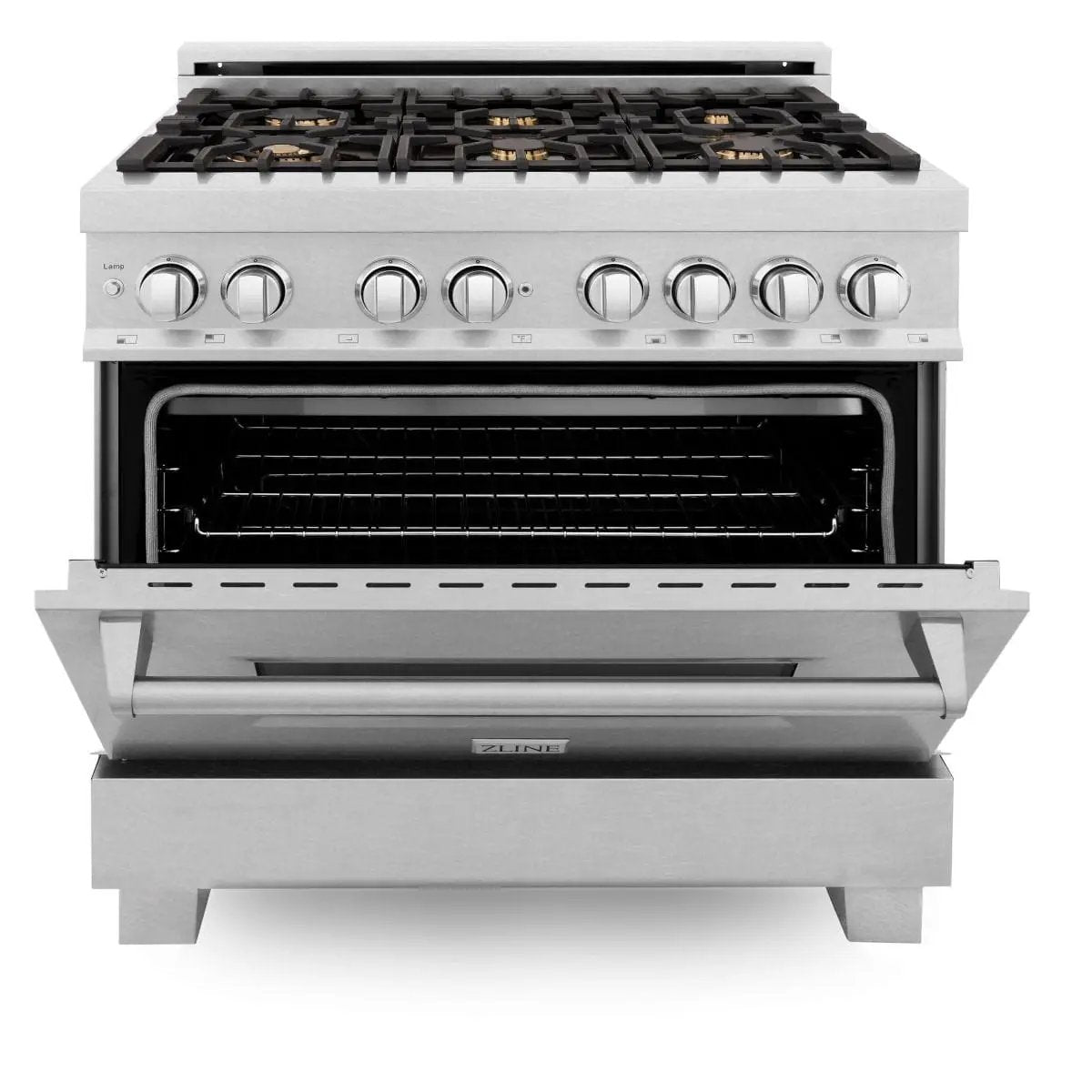 ZLINE 36" Dual Fuel Range, DuraSnow, Stainless, Brass Burners, RAS-SN-BR-36 by Farmhouse Kitchen and Bath