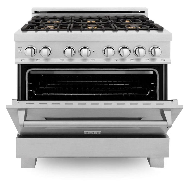 ZLINE 36" Dual Fuel Range, DuraSnow, Stainless, Brass Burners, RAS-SN-BR-36 by Farmhouse Kitchen and Bath