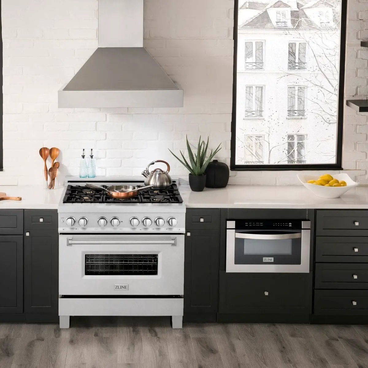 ZLINE 36" Dual Fuel Range, DuraSnow, Stainless, Brass Burners, RAS-SN-BR-36 by Farmhouse Kitchen and Bath