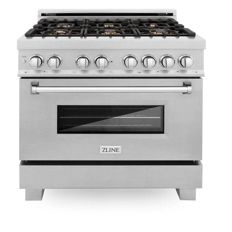 ZLINE 36" Dual Fuel Range, DuraSnow, Stainless, Brass Burners, RAS-SN-BR-36 by Farmhouse Kitchen and Bath