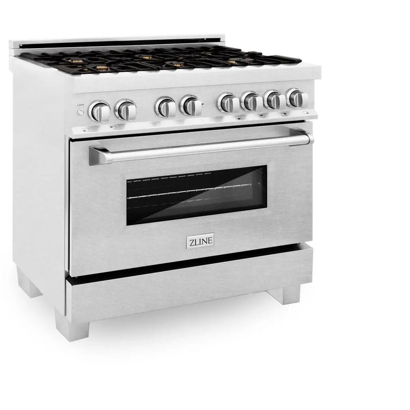 ZLINE 36" Dual Fuel Range, DuraSnow, Stainless, Brass Burners, RAS-SN-BR-36 by Farmhouse Kitchen and Bath
