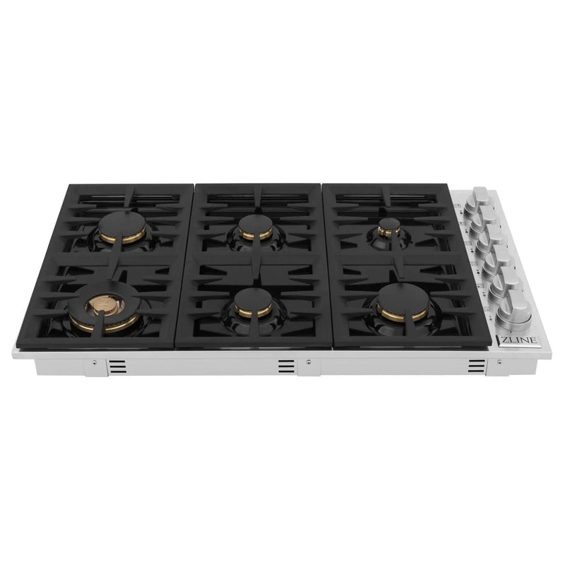 ZLINE 36" Gas Cooktop with 6 Gas Brass Burners and Black Porcelain Top RC-BR-36-PBT by Farmhouse Kitchen and Bath