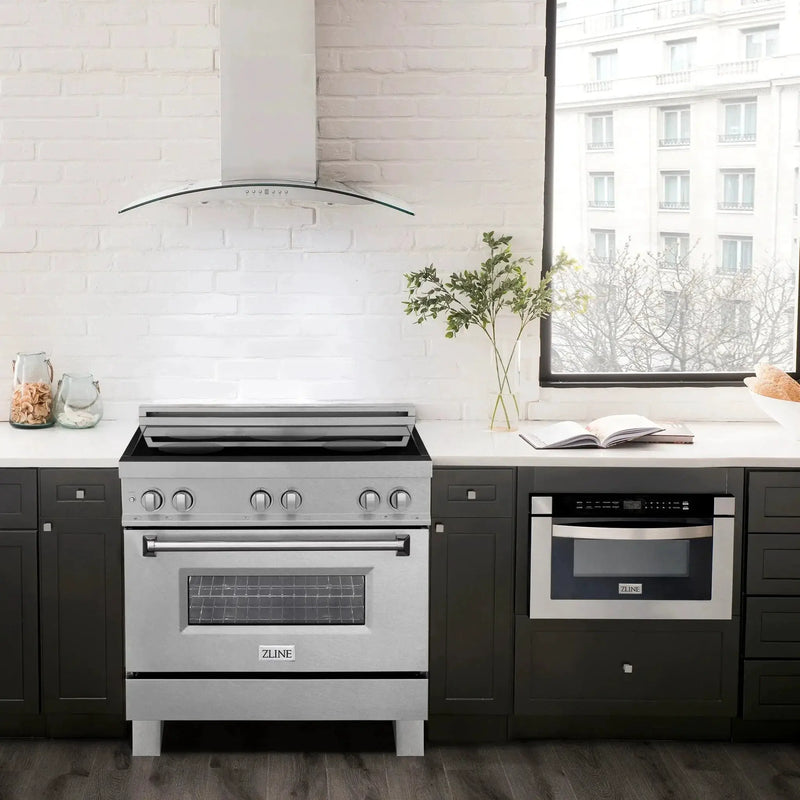 ZLINE 36" Induction Range in DuraSnow with a 4 Element Stove and Electric Oven RAINDS-SN-36 by Farmhouse Kitchen and Bath