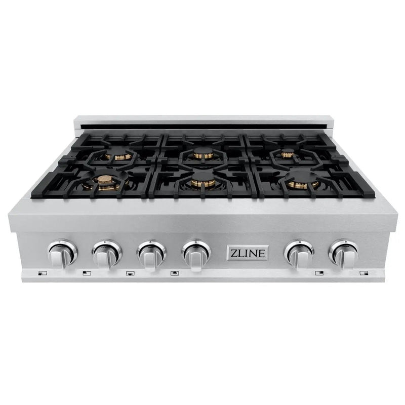 ZLINE 36" Porcelain Rangetop, DuraSnow®, 6 Brass Burners, RTS-BR-36 by Farmhouse Kitchen and Bath