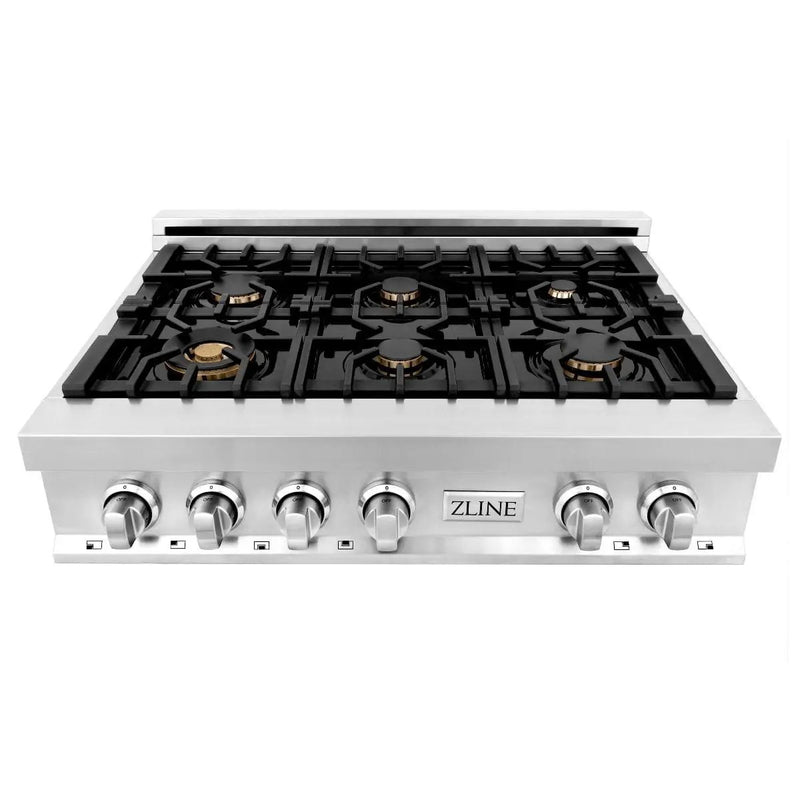 ZLINE 36" Porcelain Rangetop With 6 Gas Brass Burners, RT-BR-36 by Farmhouse Kitchen and Bath