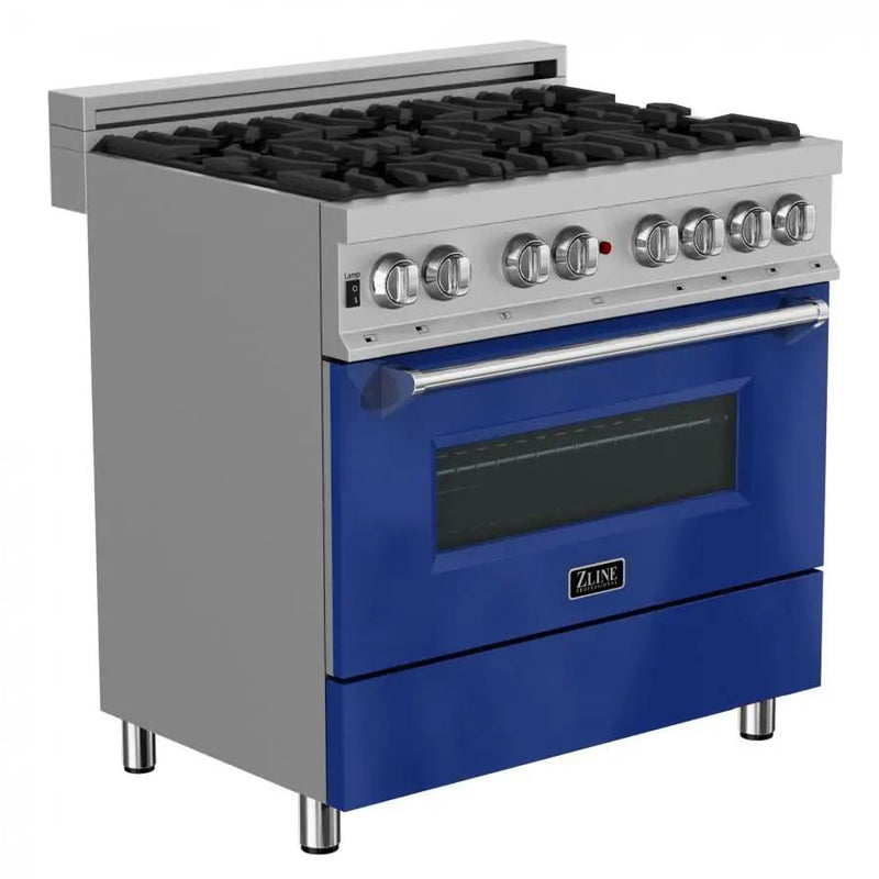 ZLINE 36" Professional Dual Fuel Range in Snow Stainless, Blue Gloss Door, RAS-BG-36 by Farmhouse Kitchen and Bath