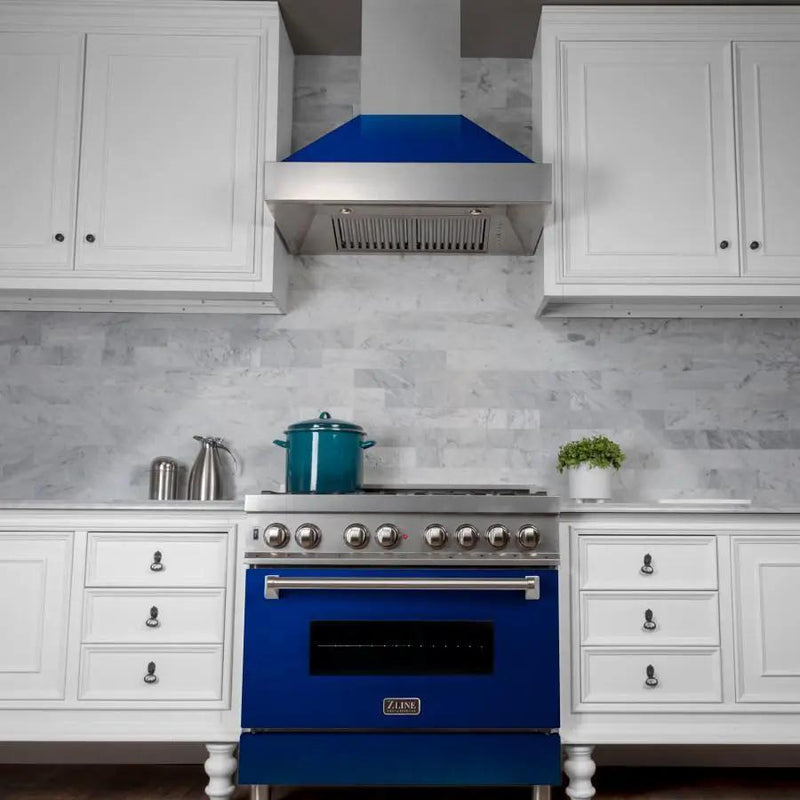 ZLINE 36" Professional Dual Fuel Range in Snow Stainless, Blue Gloss Door, RAS-BG-36 by Farmhouse Kitchen and Bath
