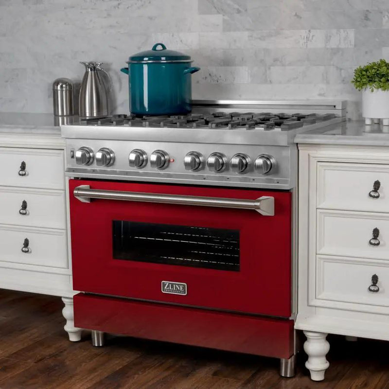 ZLINE 36" Professional Dual Fuel Range in Snow Stainless with Red Gloss Door, RAS-RG-36 by Farmhouse Kitchen and Bath