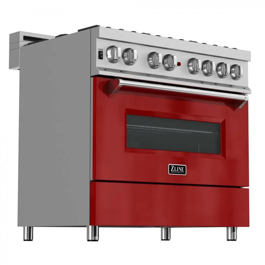 ZLINE 36" Professional Dual Fuel Range in Snow Stainless with Red Gloss Door, RAS-RG-36 by Farmhouse Kitchen and Bath