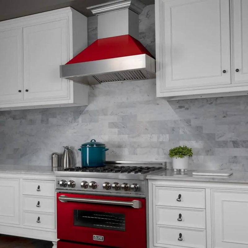 ZLINE 36" Professional Dual Fuel Range in Snow Stainless with Red Gloss Door, RAS-RG-36 by Farmhouse Kitchen and Bath