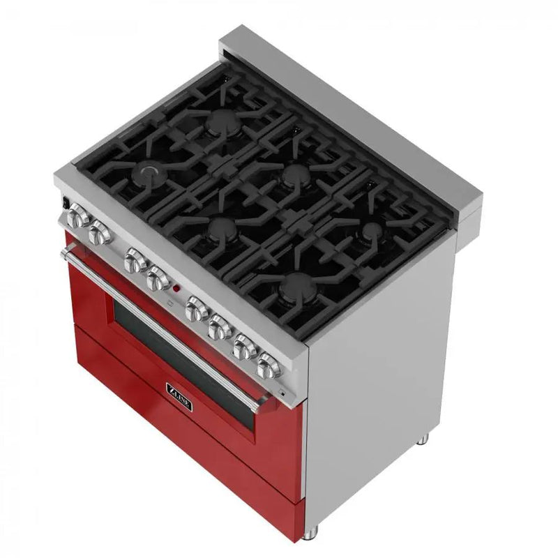 ZLINE 36" Professional Dual Fuel Range in Snow Stainless with Red Gloss Door, RAS-RG-36 by Farmhouse Kitchen and Bath