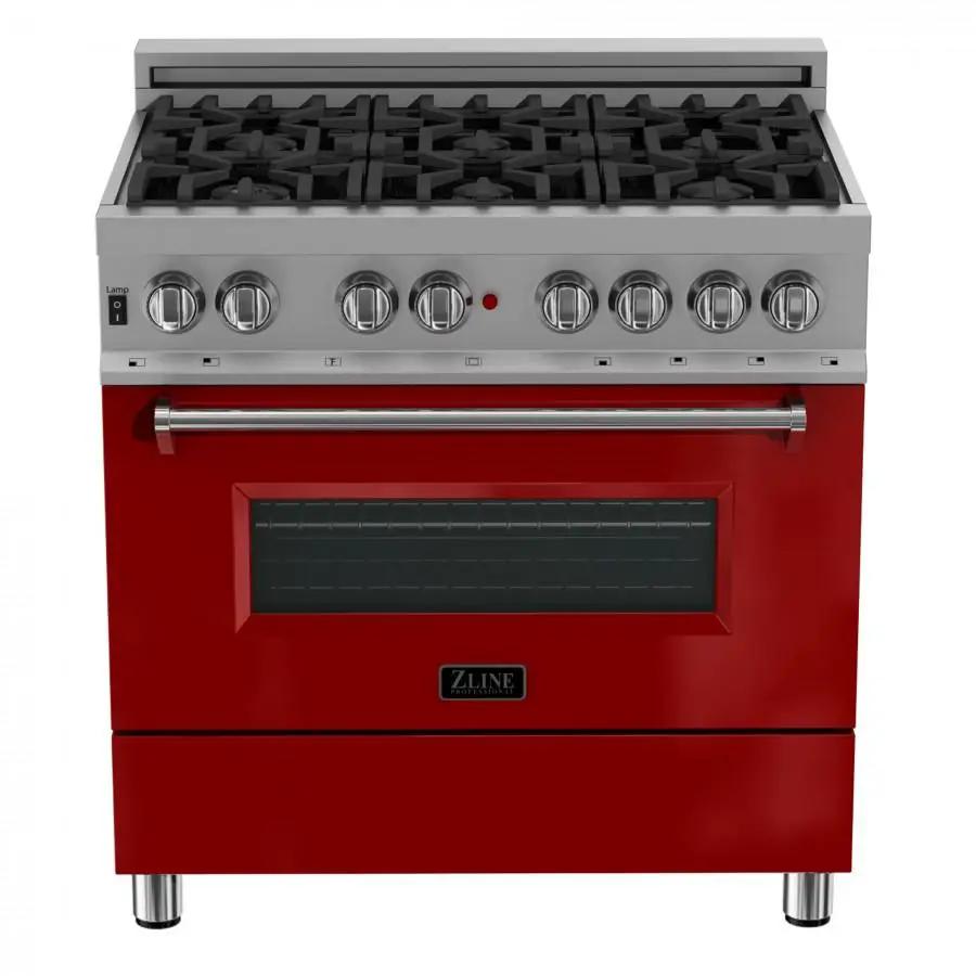 ZLINE 36" Professional Dual Fuel Range in Snow Stainless with Red Gloss Door, RAS-RG-36 by Farmhouse Kitchen and Bath