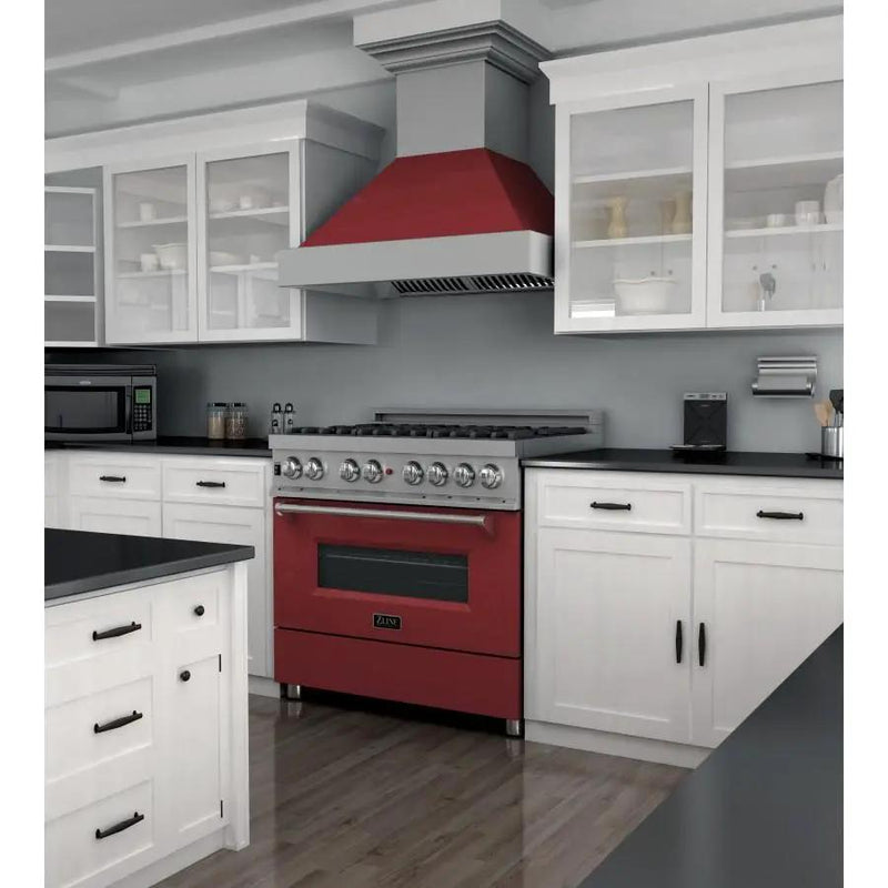 ZLINE 36" Professional Dual Fuel Range in Snow Stainless with Red Gloss Door, RAS-RG-36 by Farmhouse Kitchen and Bath