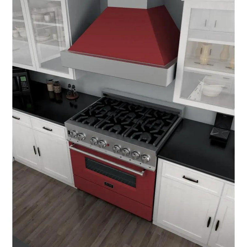 ZLINE 36" Professional Dual Fuel Range in Snow Stainless with Red Gloss Door, RAS-RG-36 by Farmhouse Kitchen and Bath