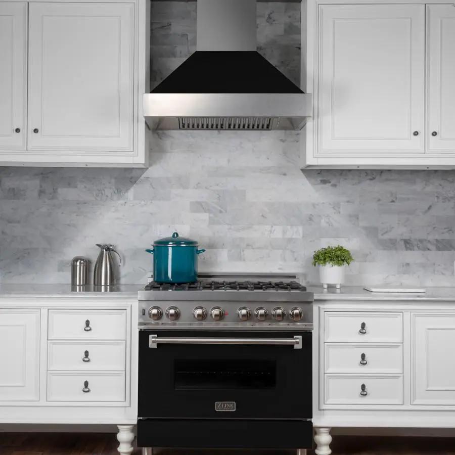 ZLINE 36" Professional Dual Fuel Range, Snow Stainless, Black Matte Door, RAS-BLM-36 by Farmhouse Kitchen and Bath
