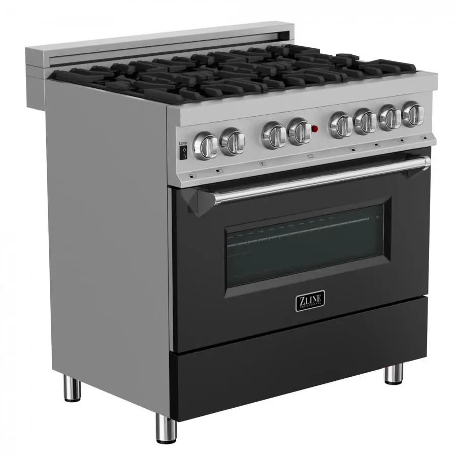 ZLINE 36" Professional Dual Fuel Range, Snow Stainless, Black Matte Door, RAS-BLM-36 by Farmhouse Kitchen and Bath