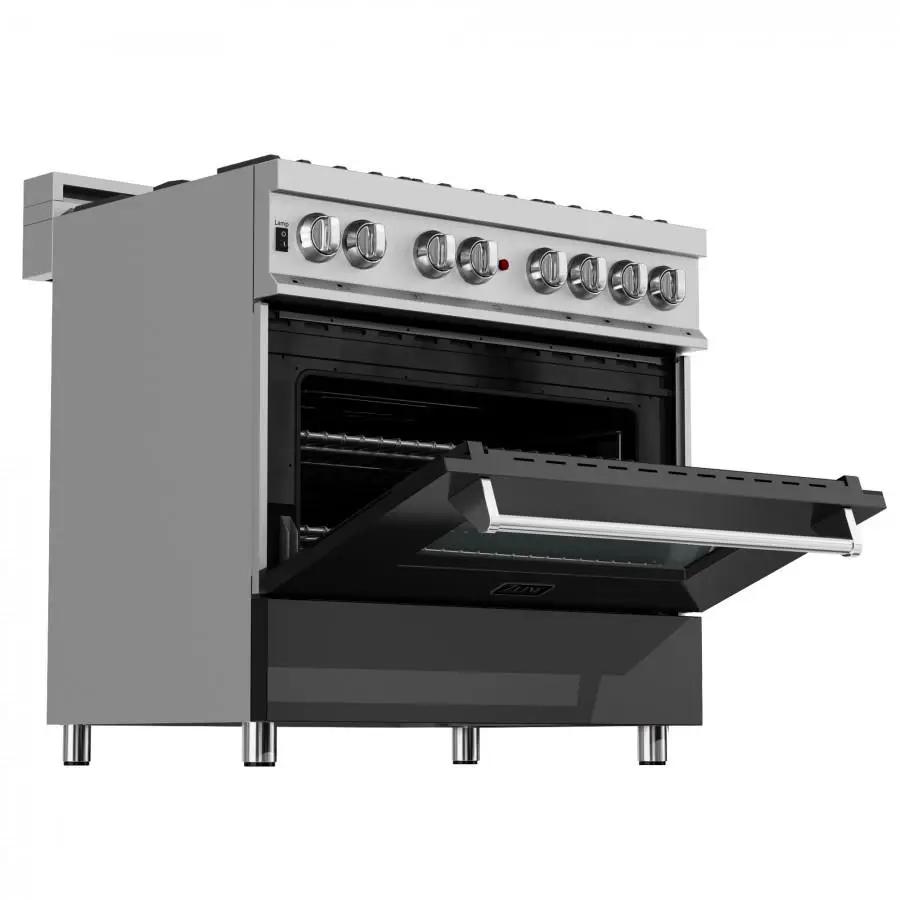 ZLINE 36" Professional Dual Fuel Range, Snow Stainless, Black Matte Door, RAS-BLM-36 by Farmhouse Kitchen and Bath