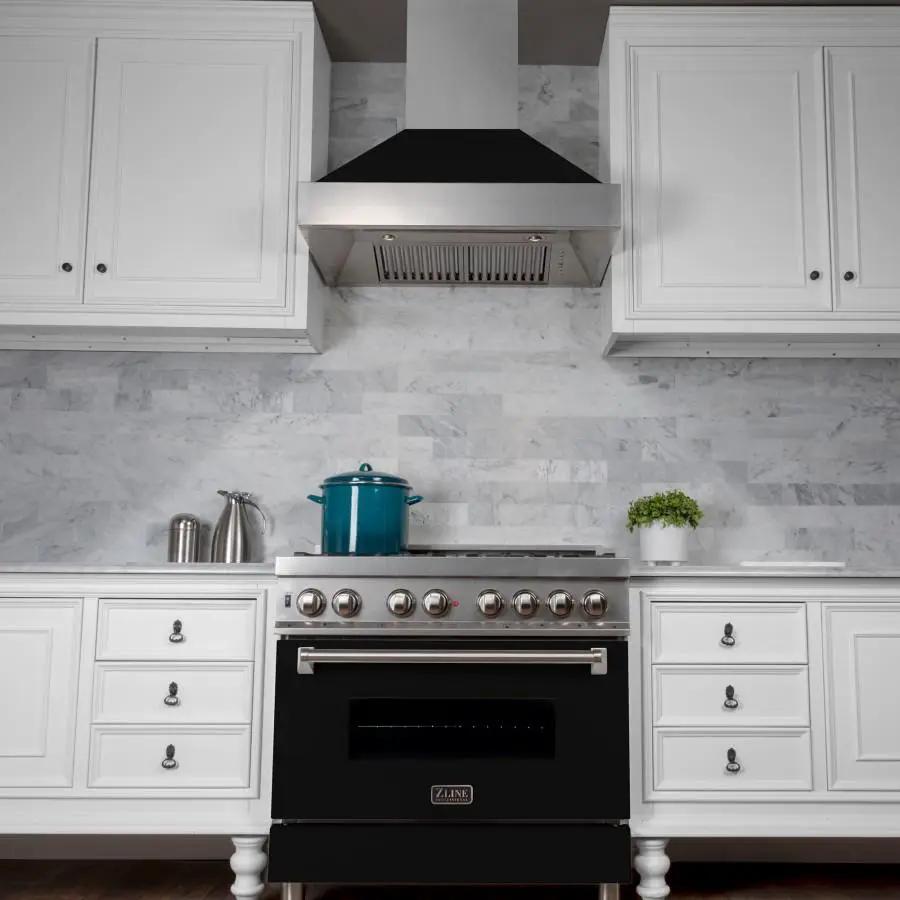 ZLINE 36" Professional Dual Fuel Range, Snow Stainless, Black Matte Door, RAS-BLM-36 by Farmhouse Kitchen and Bath