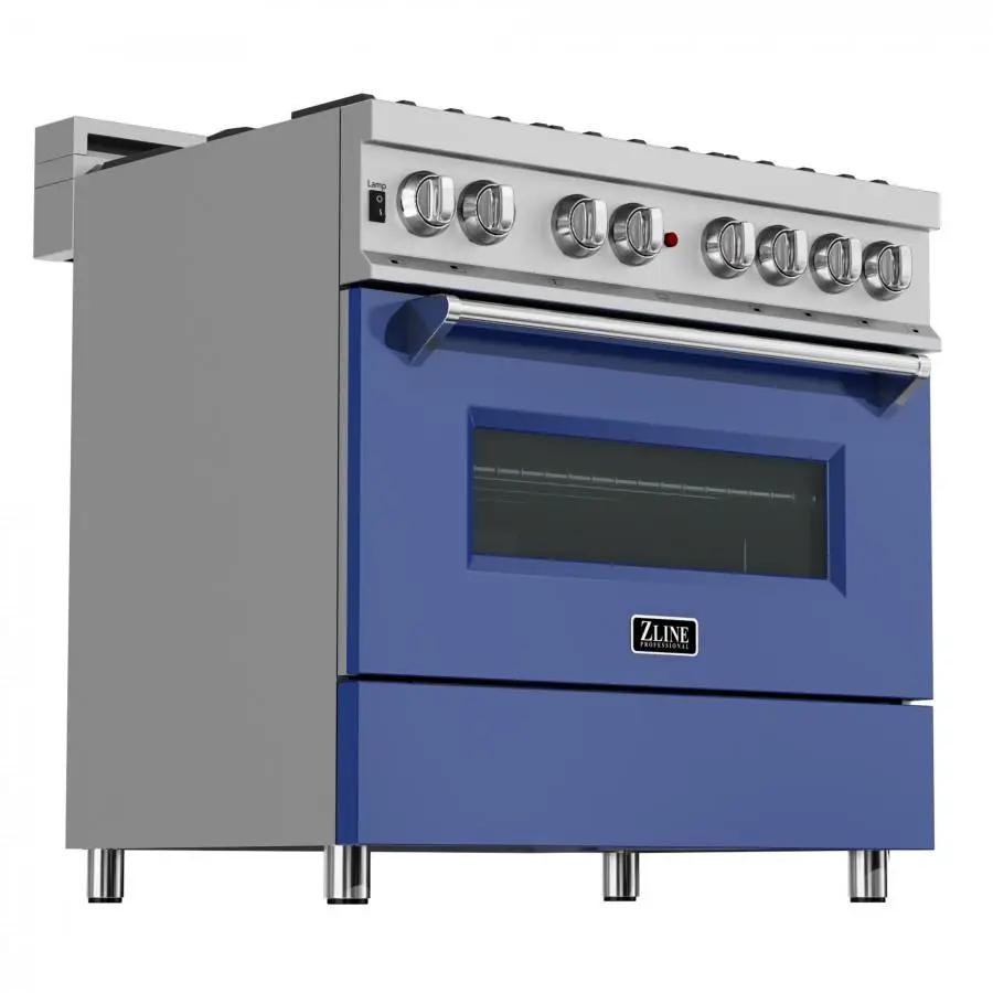 ZLINE 36" Professional Dual Fuel Range, Snow Stainless, Blue Matte Door, RAS-BM-36 by Farmhouse Kitchen and Bath