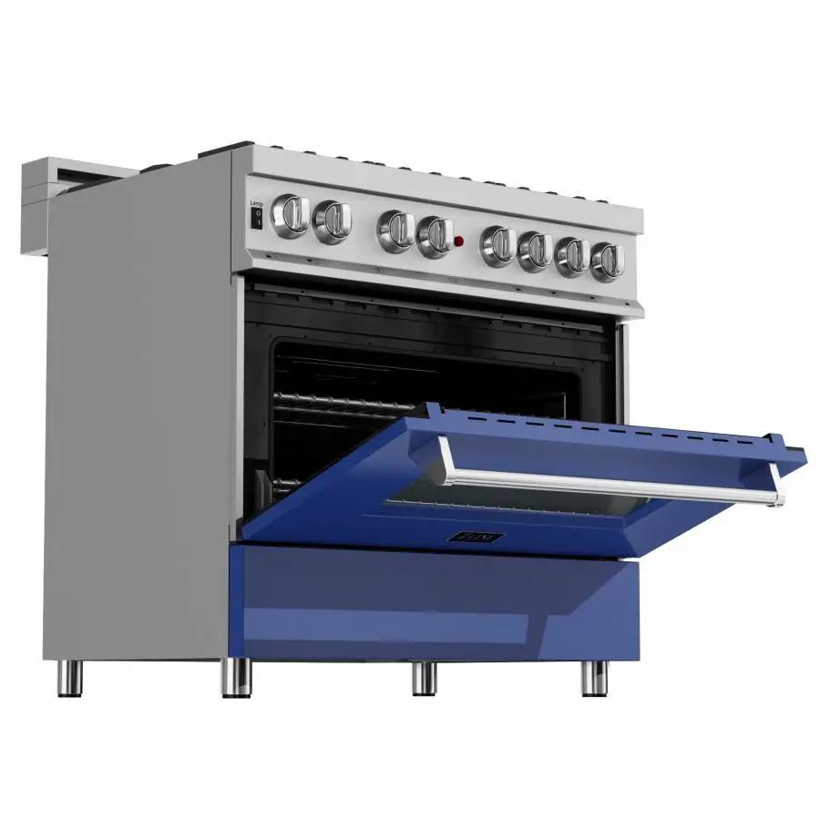 ZLINE 36" Professional Dual Fuel Range, Snow Stainless, Blue Matte Door, RAS-BM-36 by Farmhouse Kitchen and Bath