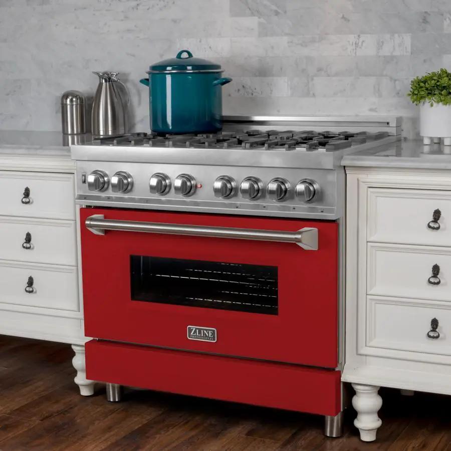 ZLINE 36" Professional Dual Fuel Range, Snow Stainless, Red Matte Door, RAS-RM-36 by Farmhouse Kitchen and Bath