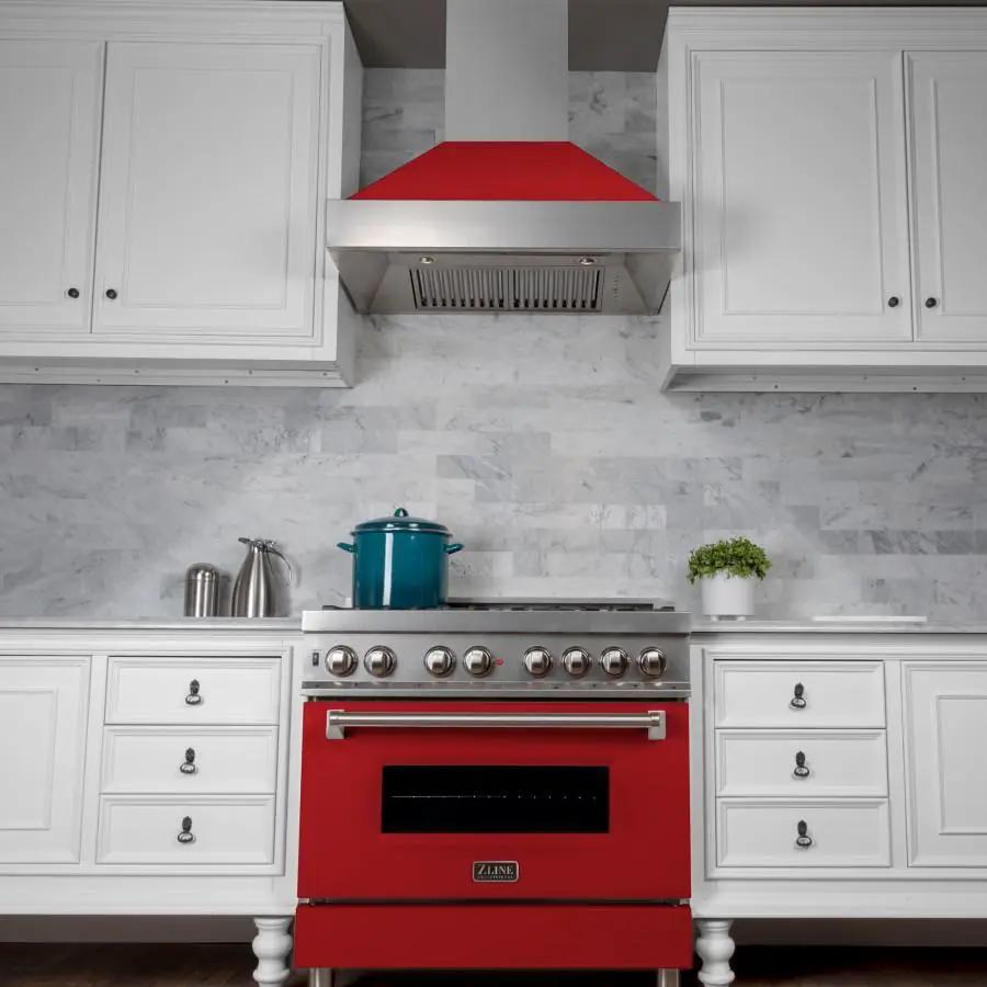 ZLINE 36" Professional Dual Fuel Range, Snow Stainless, Red Matte Door, RAS-RM-36 by Farmhouse Kitchen and Bath