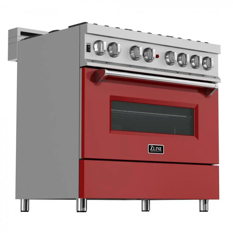 ZLINE 36" Professional Dual Fuel Range, Snow Stainless, Red Matte Door, RAS-RM-36 by Farmhouse Kitchen and Bath