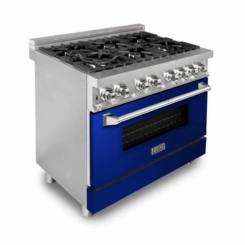 ZLINE 36" Professional Dual Fuel Range with Blue Gloss Door, RA-BG-36 by Farmhouse Kitchen and Bath