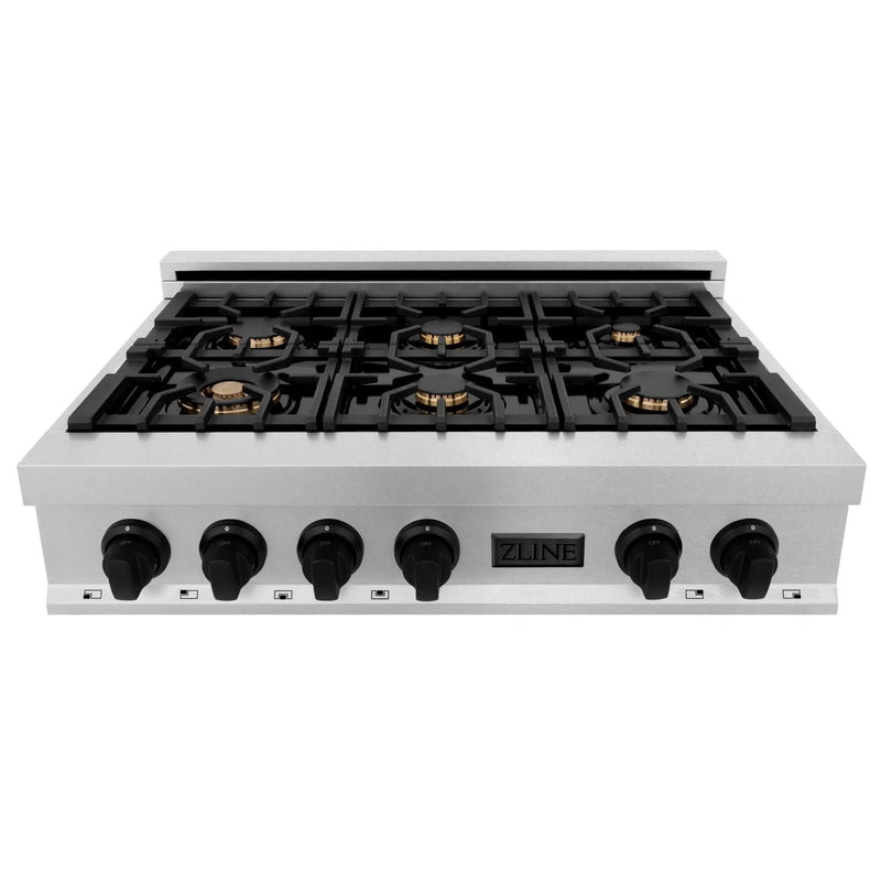 ZLINE 36" Rangetop, DuraSnow Stainless, MatteBlack Accents, RTSZ-36-MB by Farmhouse Kitchen and Bath