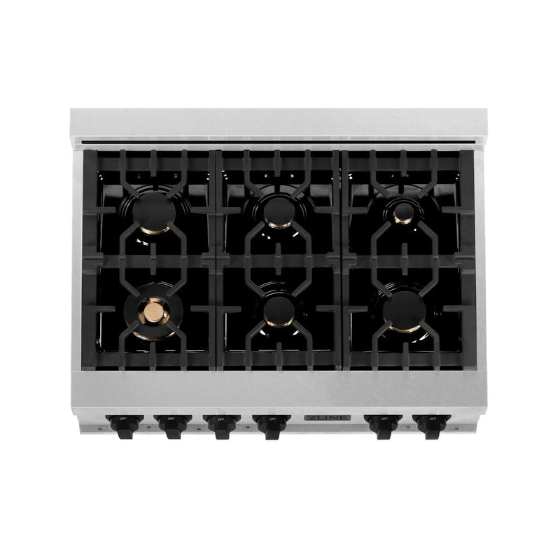 ZLINE 36" Rangetop, DuraSnow Stainless, MatteBlack Accents, RTSZ-36-MB by Farmhouse Kitchen and Bath