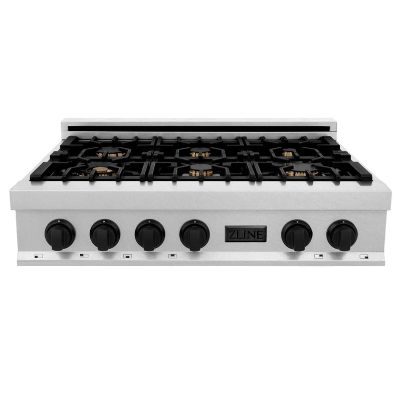 ZLINE 36" Rangetop, DuraSnow Stainless, MatteBlack Accents, RTSZ-36-MB by Farmhouse Kitchen and Bath