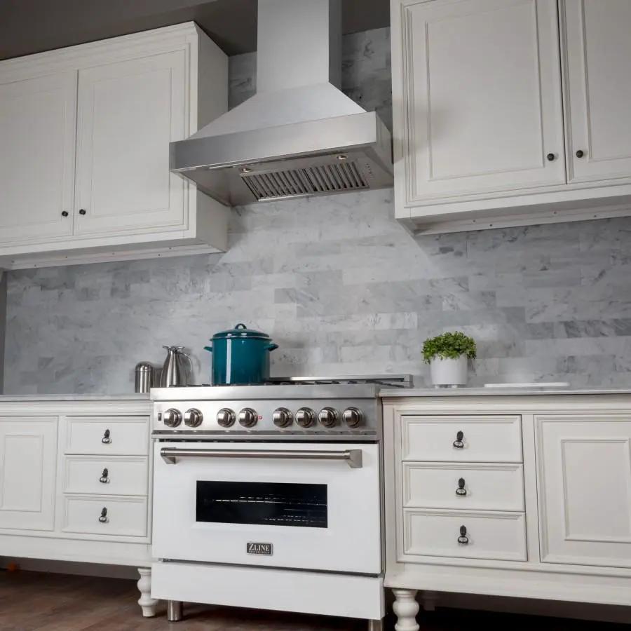 ZLINE 36" Snow Finish Stainless Range Hood with Snow Finish Shell, 8654SN-36 by Farmhouse Kitchen and Bath