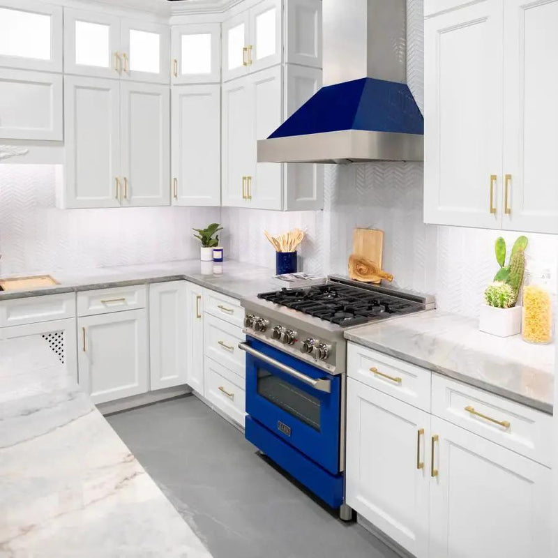 ZLINE 36" Snow Finish Wall Range Hood, Blue Gloss Shell, 8654BG-36 by Farmhouse Kitchen and Bath