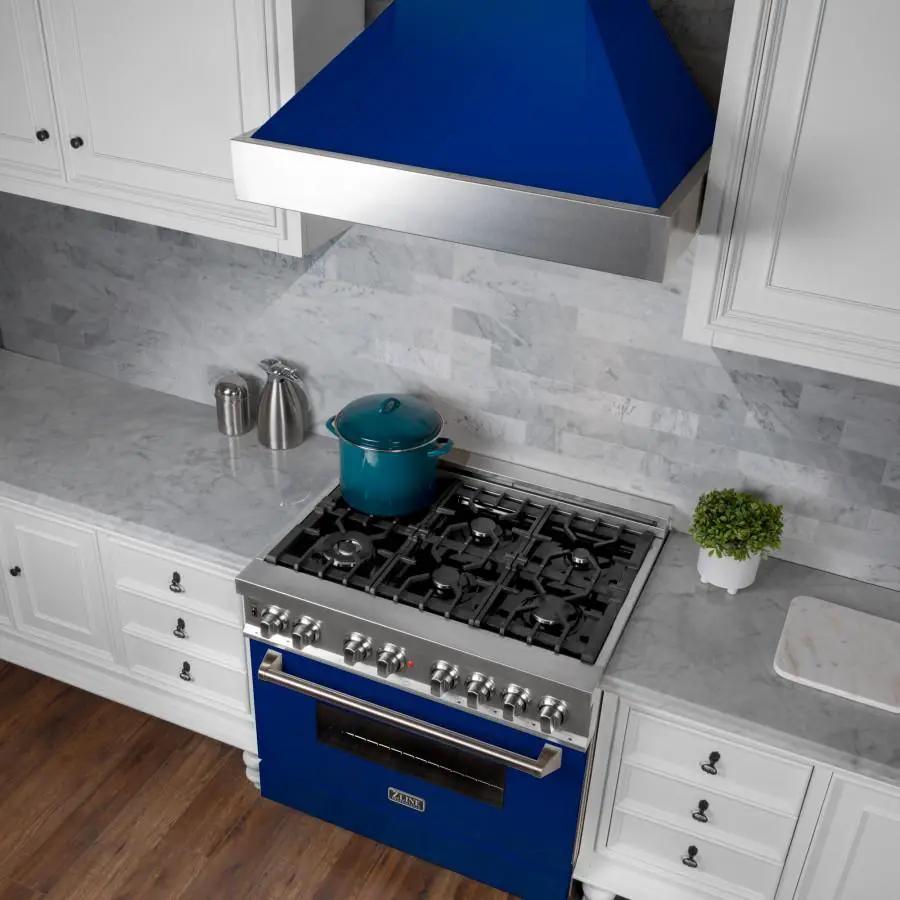 ZLINE 36" Snow Finish Wall Range Hood, Blue Gloss Shell, 8654BG-36 by Farmhouse Kitchen and Bath