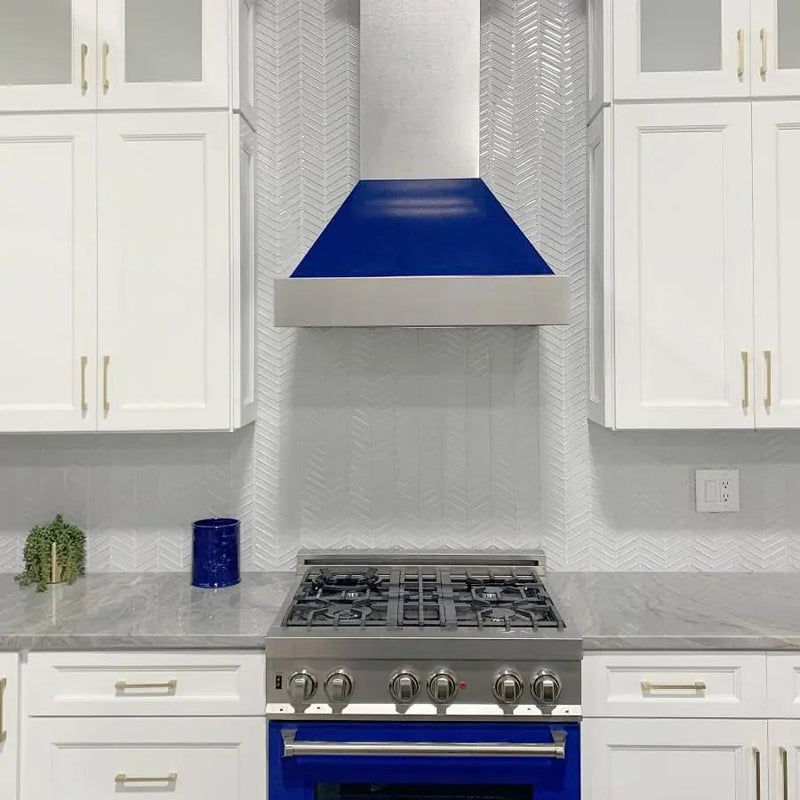ZLINE 36" Snow Finish Wall Range Hood, Blue Gloss Shell, 8654BG-36 by Farmhouse Kitchen and Bath