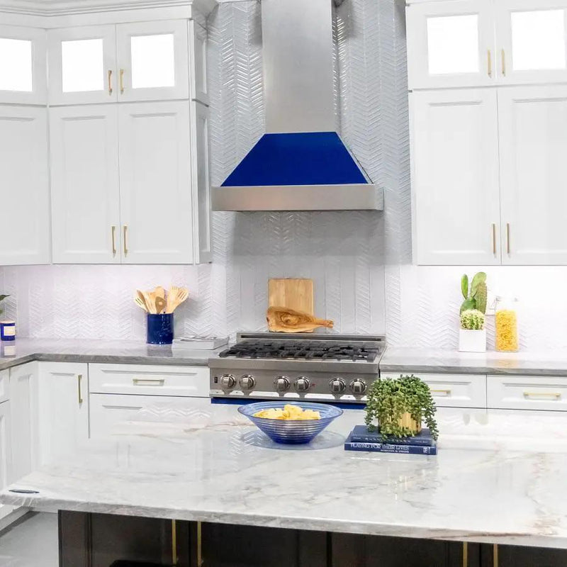 ZLINE 36" Snow Finish Wall Range Hood, Blue Gloss Shell, 8654BG-36 by Farmhouse Kitchen and Bath