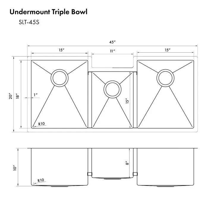 ZLINE 45" Undermount Triple Bowl Sink, DuraSnow Stainless, SLT-45S by Farmhouse Kitchen and Bath