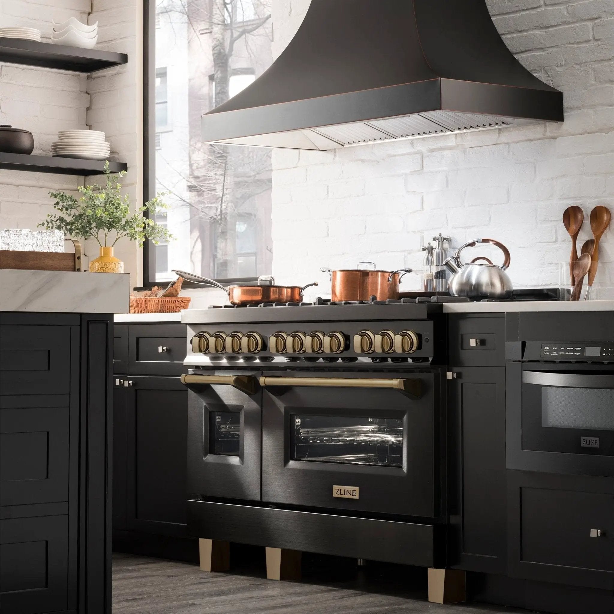 ZLINE 48" Autograph Dual Fuel Range, Black Stainless, Bronze RABZ-48-CB by Farmhouse Kitchen and Bath