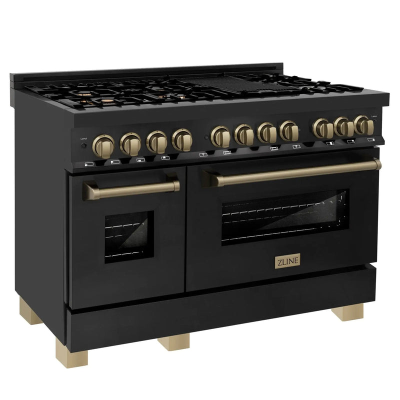 ZLINE 48" Autograph Dual Fuel Range, Black Stainless, Bronze RABZ-48-CB by Farmhouse Kitchen and Bath