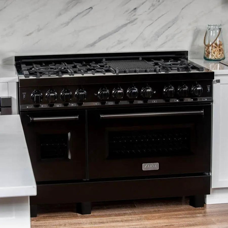 ZLINE 48" Black Stainless, Gas Burner, Electric Oven Range, RAB-48 by Farmhouse Kitchen and Bath