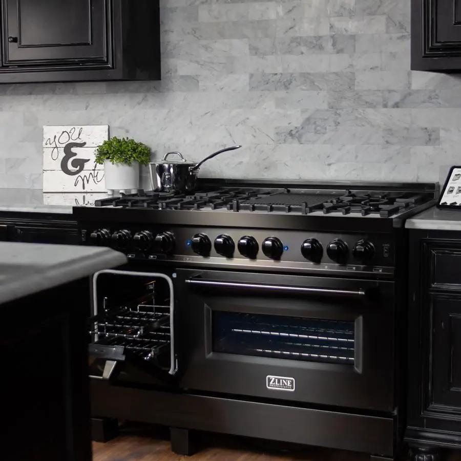ZLINE 48" Black Stainless, Gas Burner, Electric Oven Range, RAB-48 by Farmhouse Kitchen and Bath