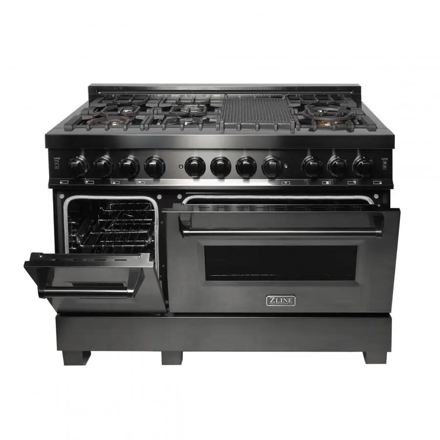 ZLINE 48" Black Stainless, Gas Burner, Electric Oven Range, RAB-48 by Farmhouse Kitchen and Bath